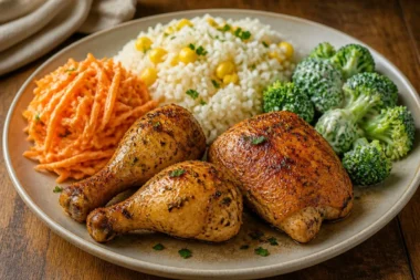 Herbed chicken served with corn rice and mixed vegetables on a plate