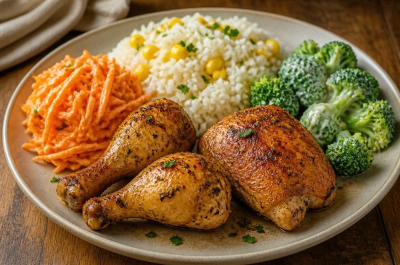 Herbed chicken served with corn rice and mixed vegetables on a plate
