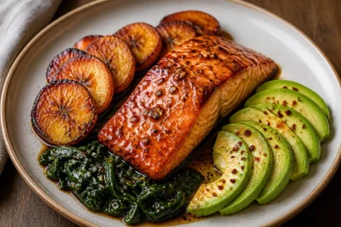 Honey glazed salmon cooked in one pan, garnished and ready to serve