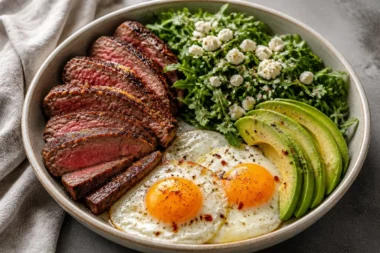 Sizzling Steak and Eggs Power Bowl served with fresh ingredients.