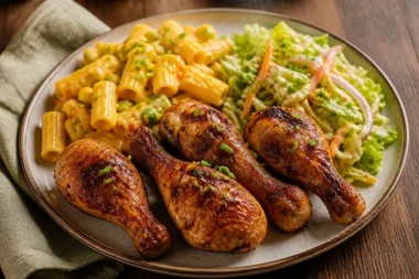 Smoky chicken drumsticks paired with pasta and slaw on a rustic plate