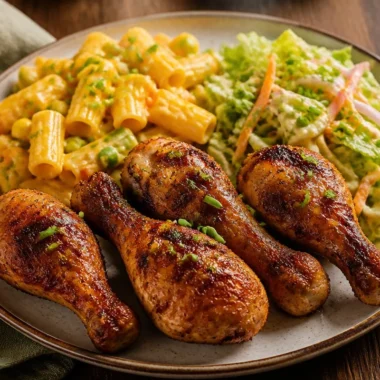 Smoky chicken drumsticks paired with pasta and slaw on a rustic plate