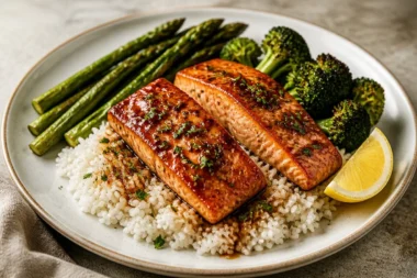 Delicious sticky honey garlic salmon garnished with herbs and served on a plate