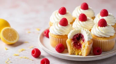 Delicious lemon raspberry cupcakes with frosting on a decorative plate
