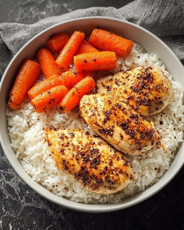 Black Pepper Chicken Breast with Rice & Glazed Carrots 33 Black pepper chicken breast served with rice and glazed carrots on a plate