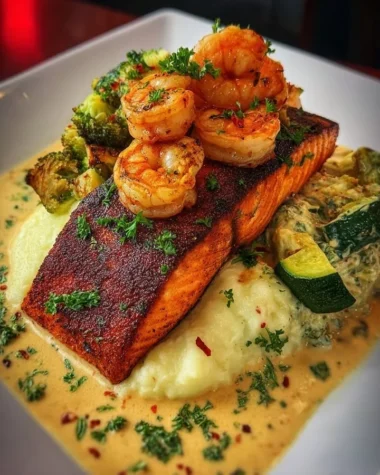 Cajun salmon served with garlic shrimp and creamy vegetables on a plate