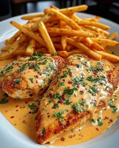 Creamy Cajun chicken served with crispy fries, a flavorful and delicious meal.