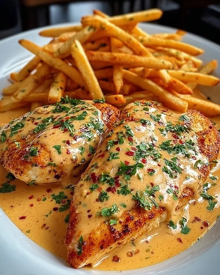 Creamy Cajun chicken served with crispy fries, a flavorful and delicious meal.