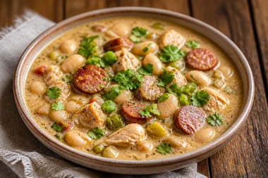 Bowl of creamy Cajun White Chicken Chili garnished with herbs