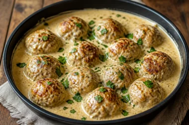 Delicious creamy chicken meatballs served in a rich sauce