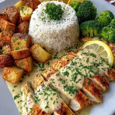 Creamy Lemon Chicken With Rice, Potatoes & Broccoli 34 Creamy lemon chicken dish with rice, potatoes, and broccoli served on a plate.