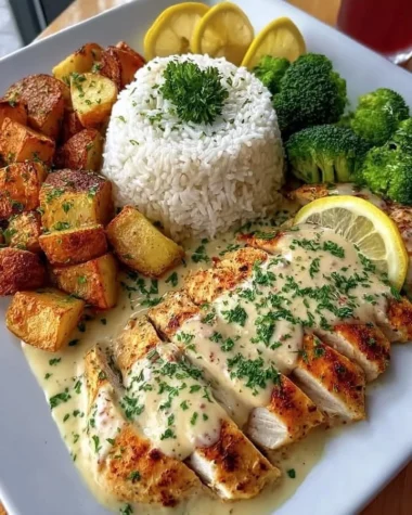 Creamy lemon chicken dish with rice, potatoes, and broccoli served on a plate.