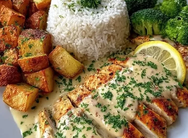 Creamy lemon chicken dish with rice, potatoes, and broccoli served on a plate.