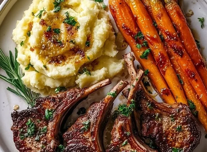 Creamy mashed potatoes served with garlic rosemary lamb chops and carrots.