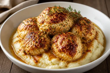 Creamy Parmesan Chicken Bombs served on a plate with herbs.