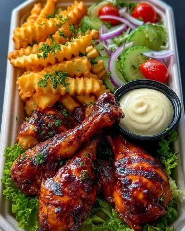 Crispy BBQ chicken drumsticks served with fries and a garden salad