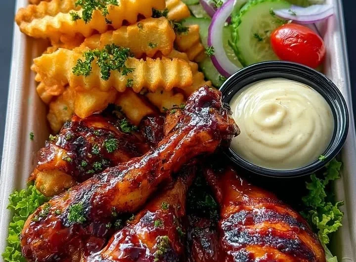 Crispy BBQ chicken drumsticks served with fries and a garden salad