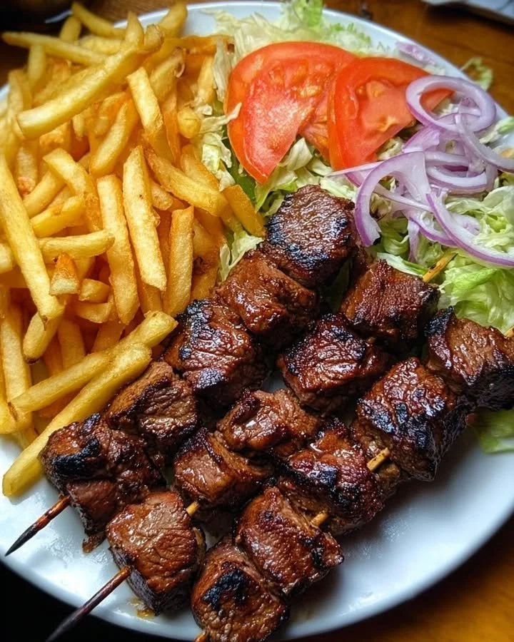 Crispy Beef Skewers With Fries And Garden Salad 33 Crispy beef skewers served with fries and a garden salad