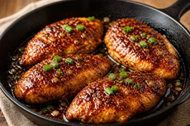 Crispy brown sugar garlic chicken breasts on a plate garnished with herbs