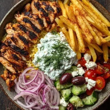 Crispy Chicken Gyro Bowl served with fries, garnished for a delicious meal.
