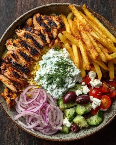 Crispy Chicken Gyro Bowl served with fries, garnished for a delicious meal.