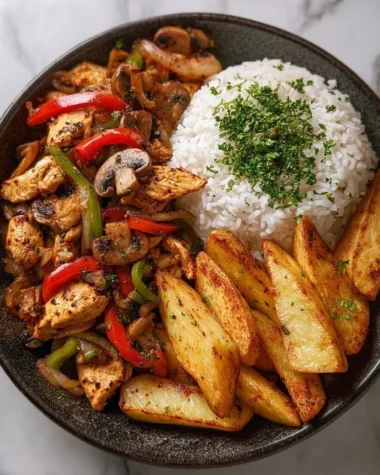 Crispy chicken stir-fry bowl with rice and potato wedges on a plate