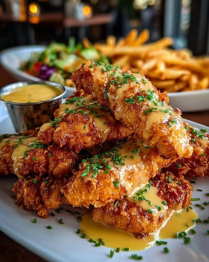 Crispy Chicken Tenders With Honey Mustard Sauce & Fries 33 Crispy chicken tenders with honey mustard sauce and golden fries on a wooden platter.