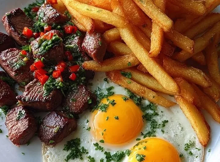 Crispy fries served with sunny-side eggs and tender steak bites