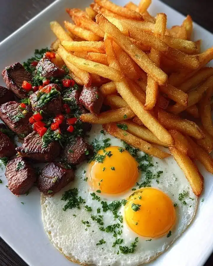 Crispy Fries and Sunny Eggs with Steak Bites 33 Crispy fries served with sunny-side eggs and tender steak bites
