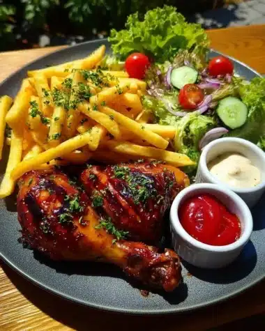 Crispy fries served with BBQ chicken drumsticks and a vibrant garden salad