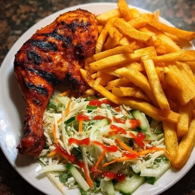 Crispy Fries With Flame-Grilled Chicken Leg And Salad 35 Crispy fries served with flame-grilled chicken leg and salad on a plate.