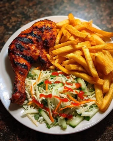 Crispy fries served with flame-grilled chicken leg and salad on a plate.
