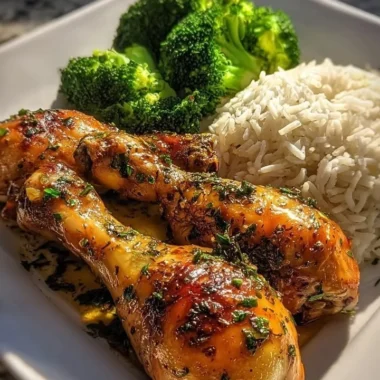 Crispy garlic herb chicken drumsticks served with rice and broccoli