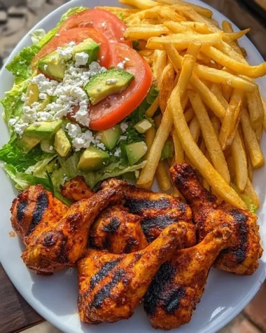 Crispy grilled chicken drumsticks with fries and avocado salad on a plate