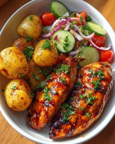 Crispy honey garlic chicken served with baby potatoes and a fresh salad.