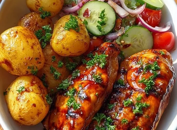 Crispy honey garlic chicken served with baby potatoes and a fresh salad.