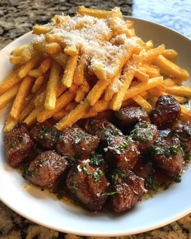 Crispy parmesan fries served with garlic butter steak bites on a plate