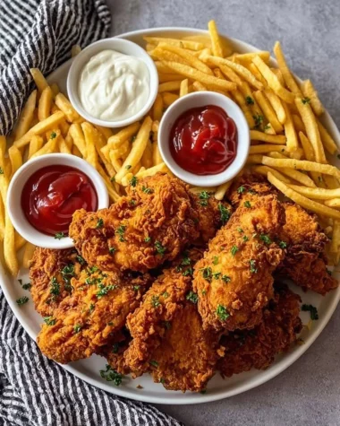Crispy Southern fried chicken with fries served on a plate