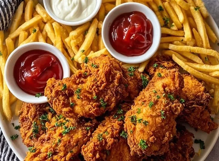 Crispy Southern fried chicken with fries served on a plate