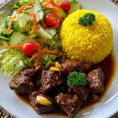 Garlic Beef Bites with Yellow Rice & Garden Salad 36 Delicious Garlic Beef Bites served with yellow rice and a colorful garden salad