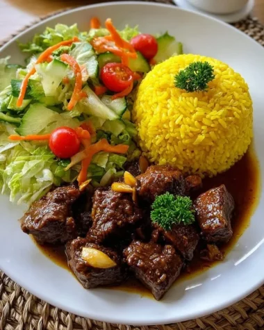 Delicious Garlic Beef Bites served with yellow rice and a colorful garden salad