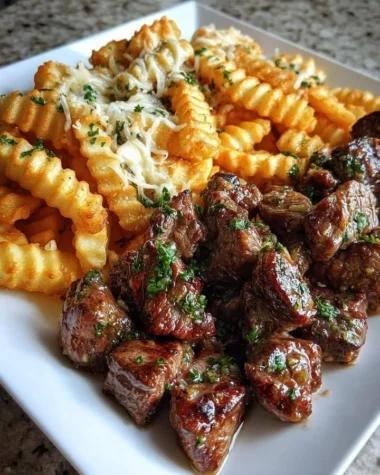 Delicious garlic butter steak bites served with cheesy loaded crinkle fries.