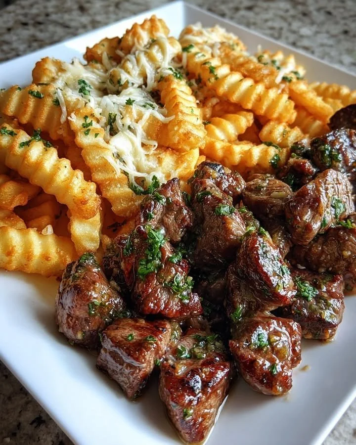 Delicious garlic butter steak bites served with cheesy loaded crinkle fries.