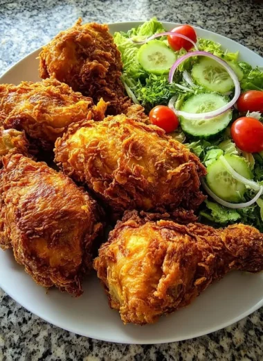 Golden Southern Fried Chicken served with a colorful garden salad