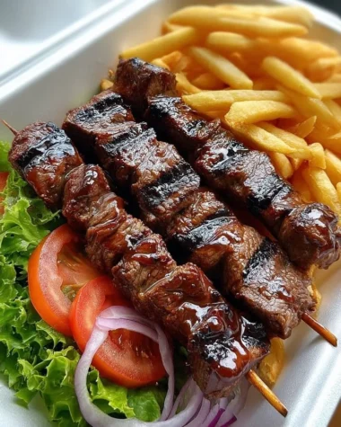 Delicious grilled beef skewers served with crispy fries on a plate