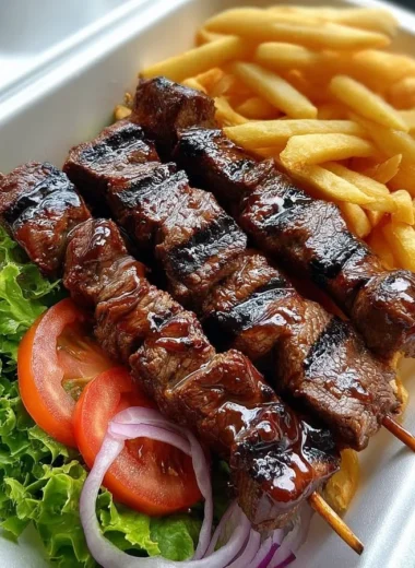 Delicious grilled beef skewers served with crispy fries on a plate