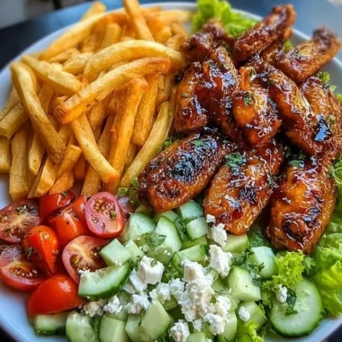 Grilled chicken wings served with fries and salad on a plate
