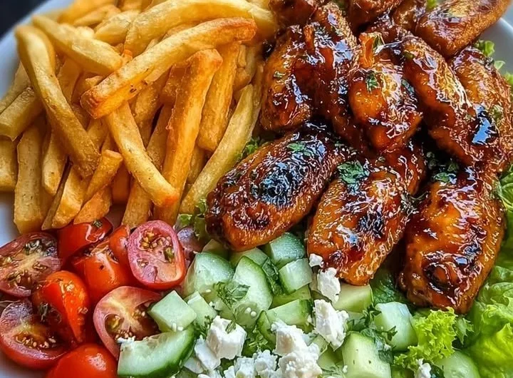 Grilled chicken wings served with fries and salad on a plate