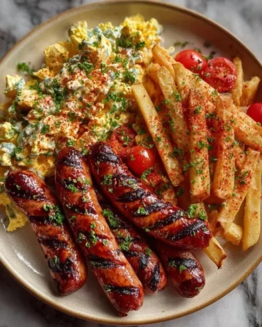 Delicious grilled sausages served with seasoned fries and creamy egg salad