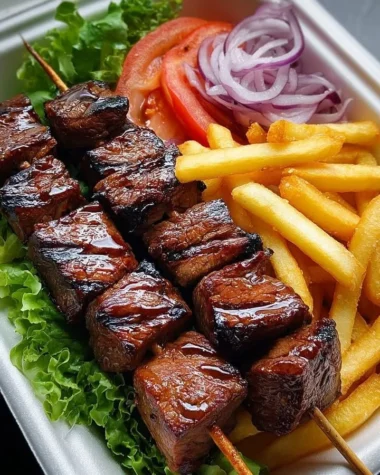 Grilled steak skewers with crispy fries and fresh salad on a rustic table